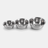 Stainless steel mixing bowls in 3 sizes side by side
