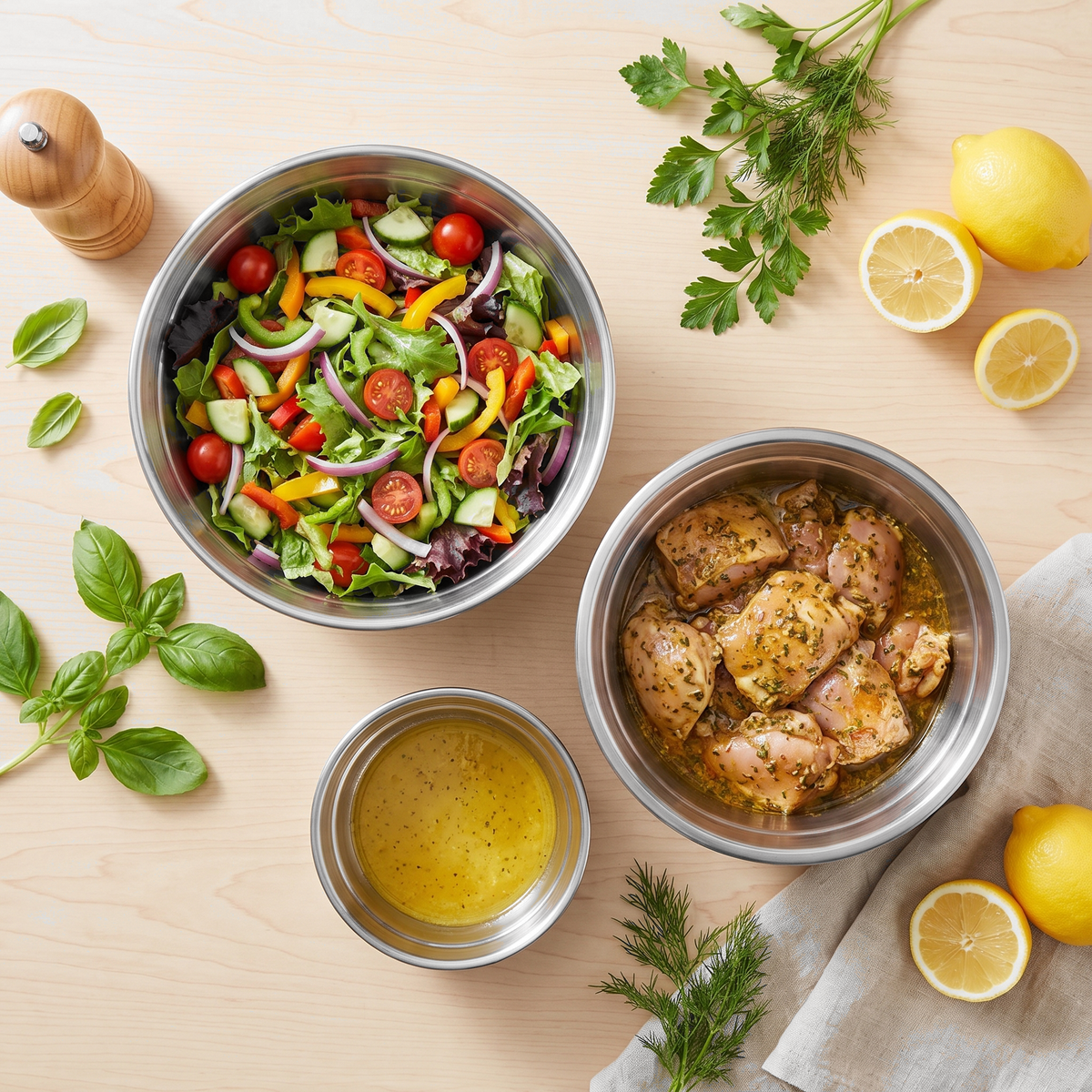 Salad, marinade and dressing in the mixing bowls, top view