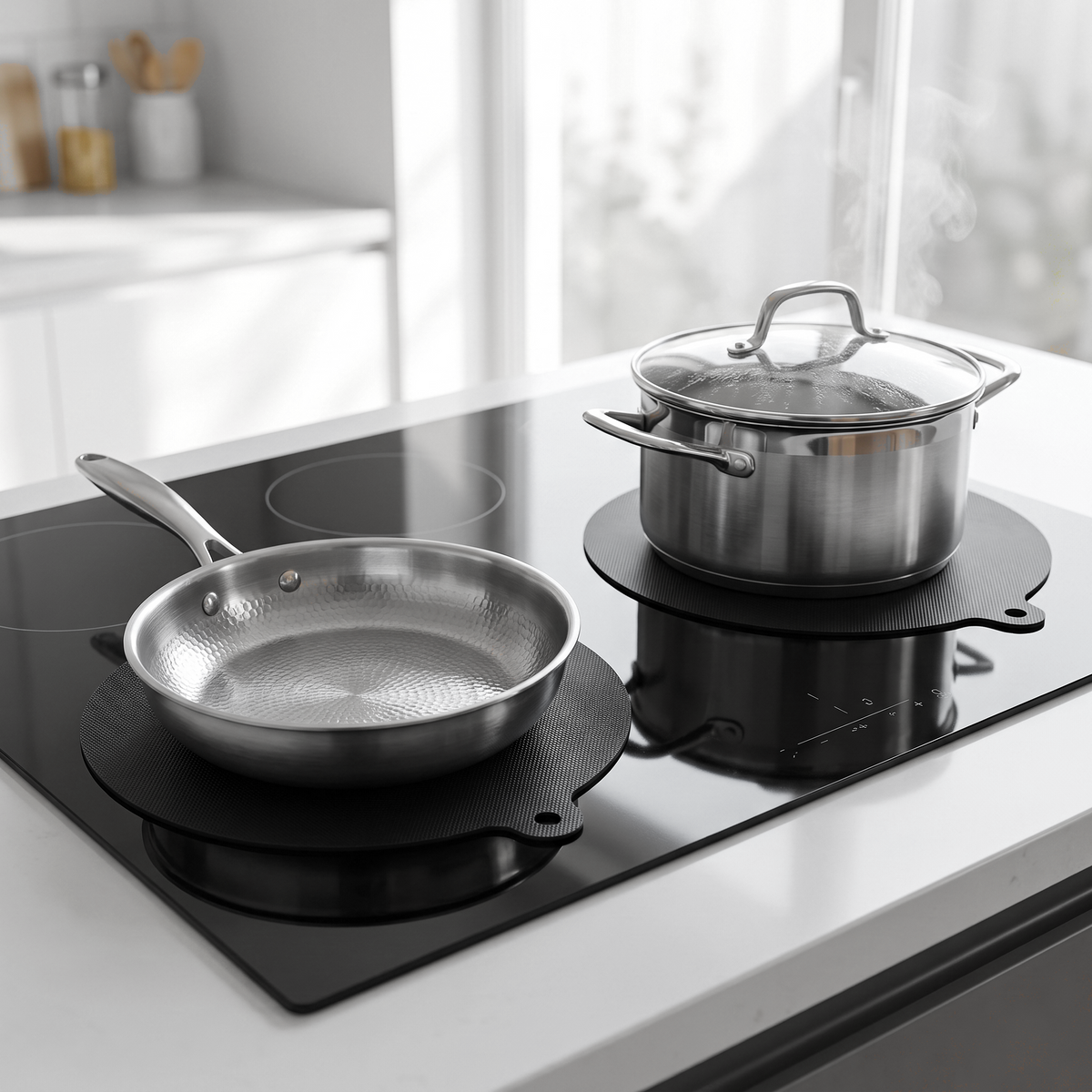 Induction protector mats in use under a titanium pan and pot