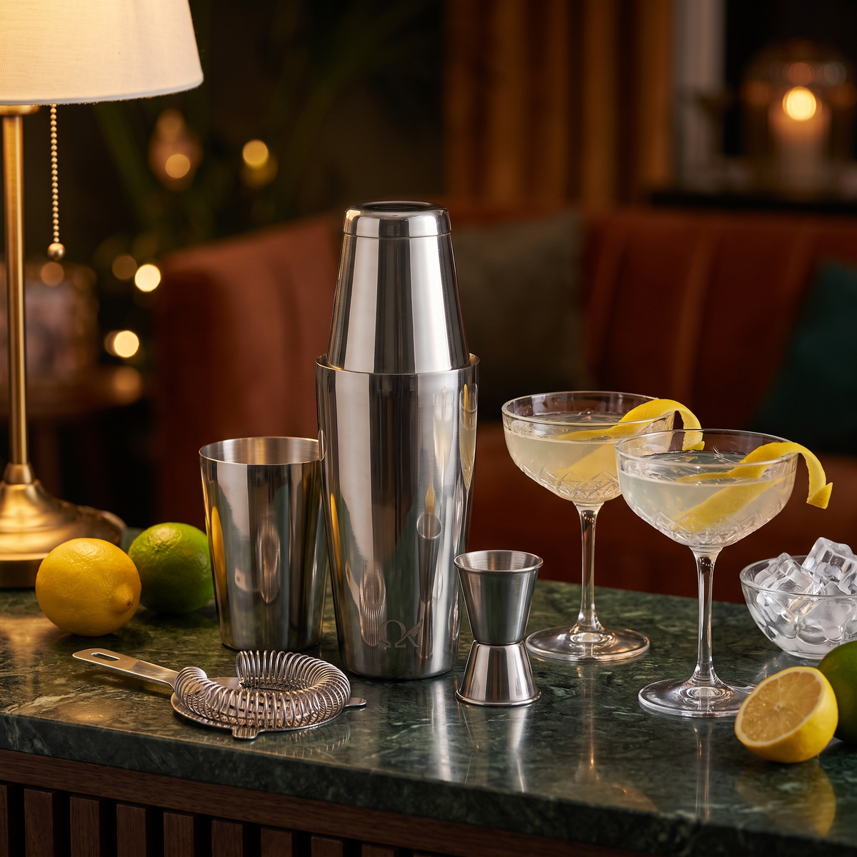 OMEGA Cocktail Shaker Set on a home bar with two cocktails
