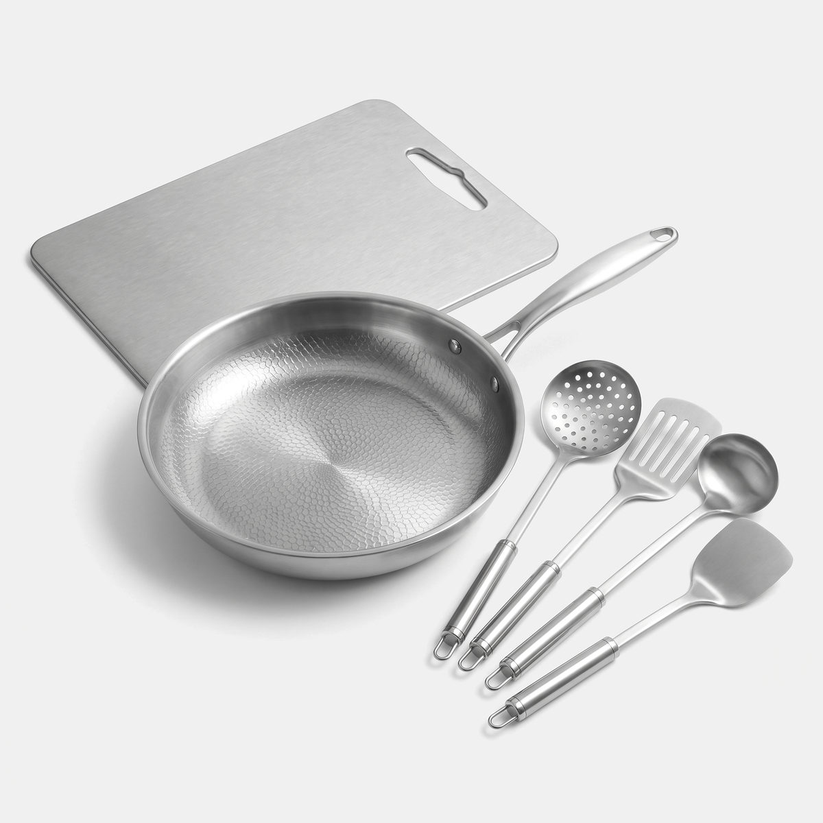 Titanium Complete Starter Set - hammered titanium pan, 4 titanium utensils and titanium cutting board