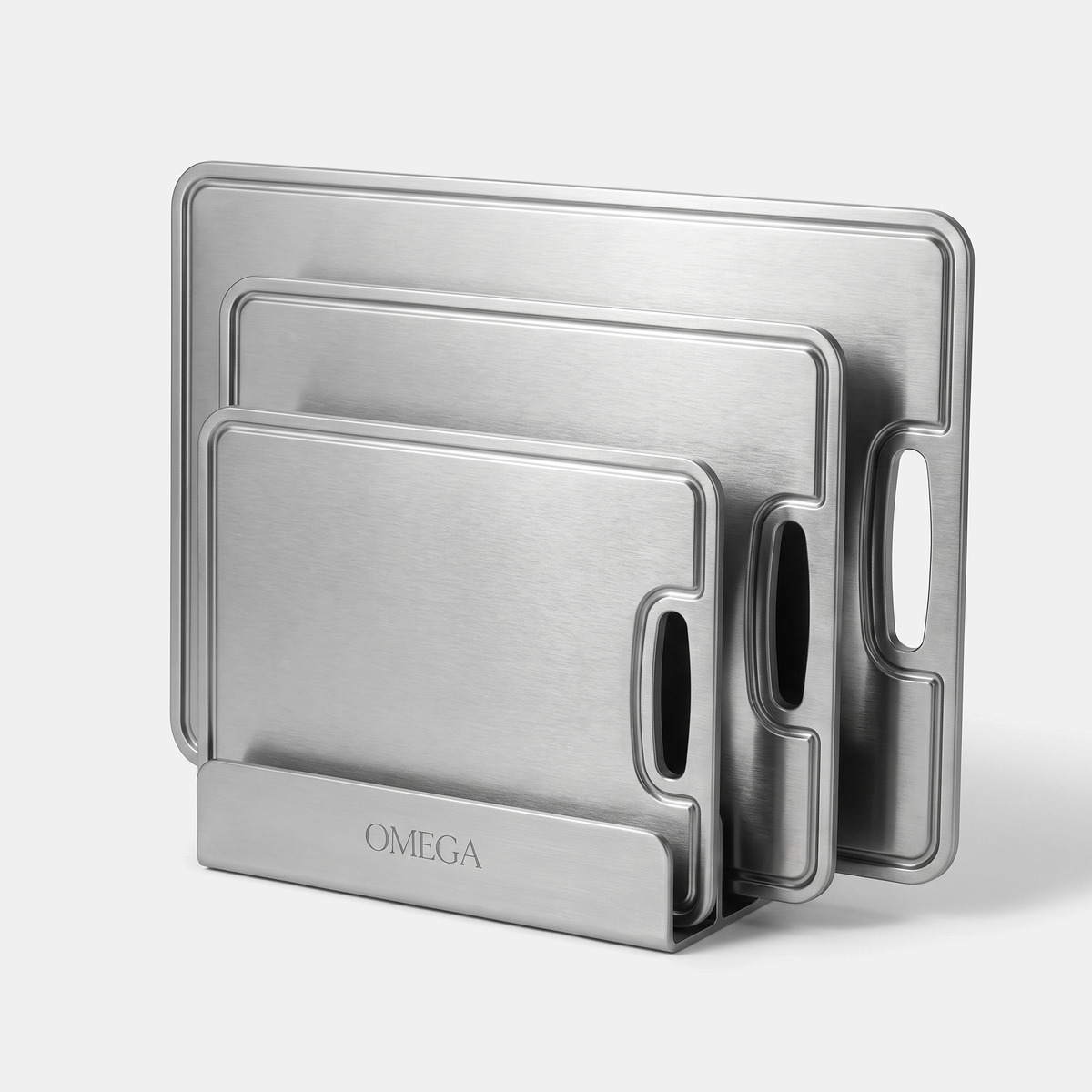Pure Titanium Cutting Board Set - three titanium cutting boards in OMEGA board holder