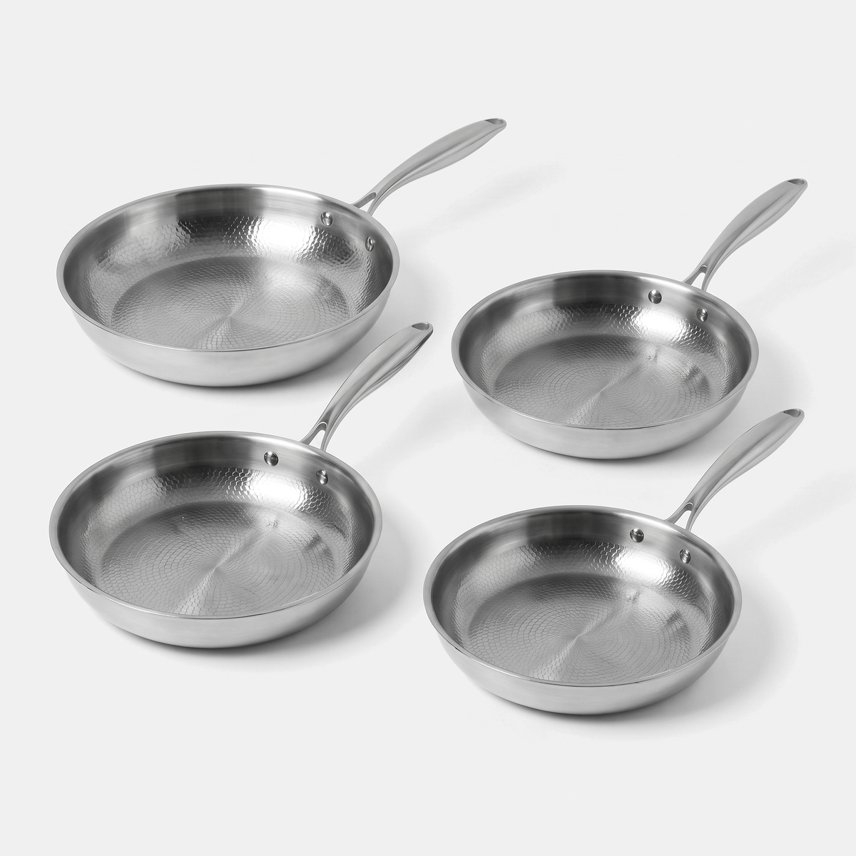Titanium Every Size Pan Set - four hammered titanium frying pans 9, 10, 11 and 12 inch