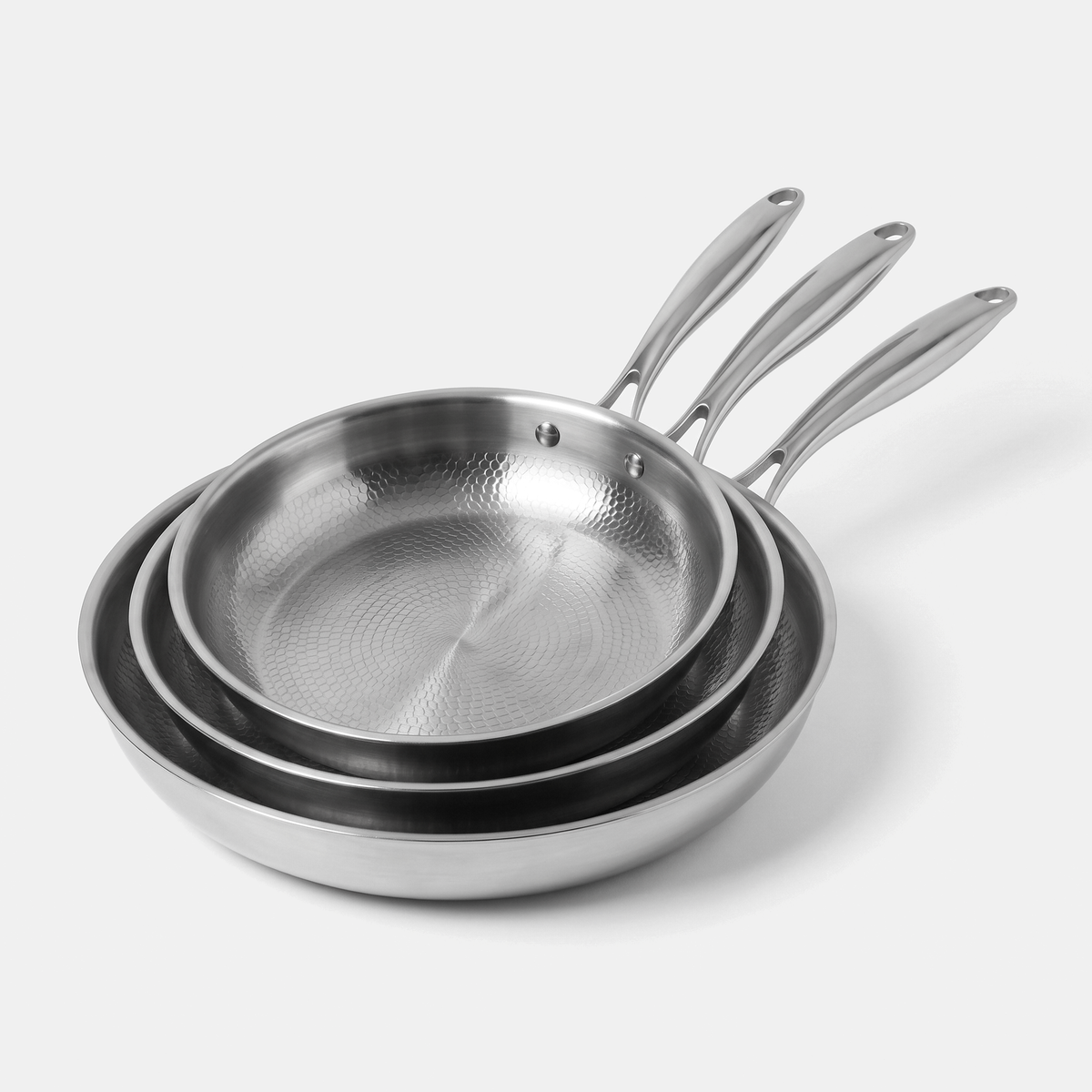 Titanium Frying Pan Trio - three hammered titanium frying pans 9, 10 and 12 inch stacked
