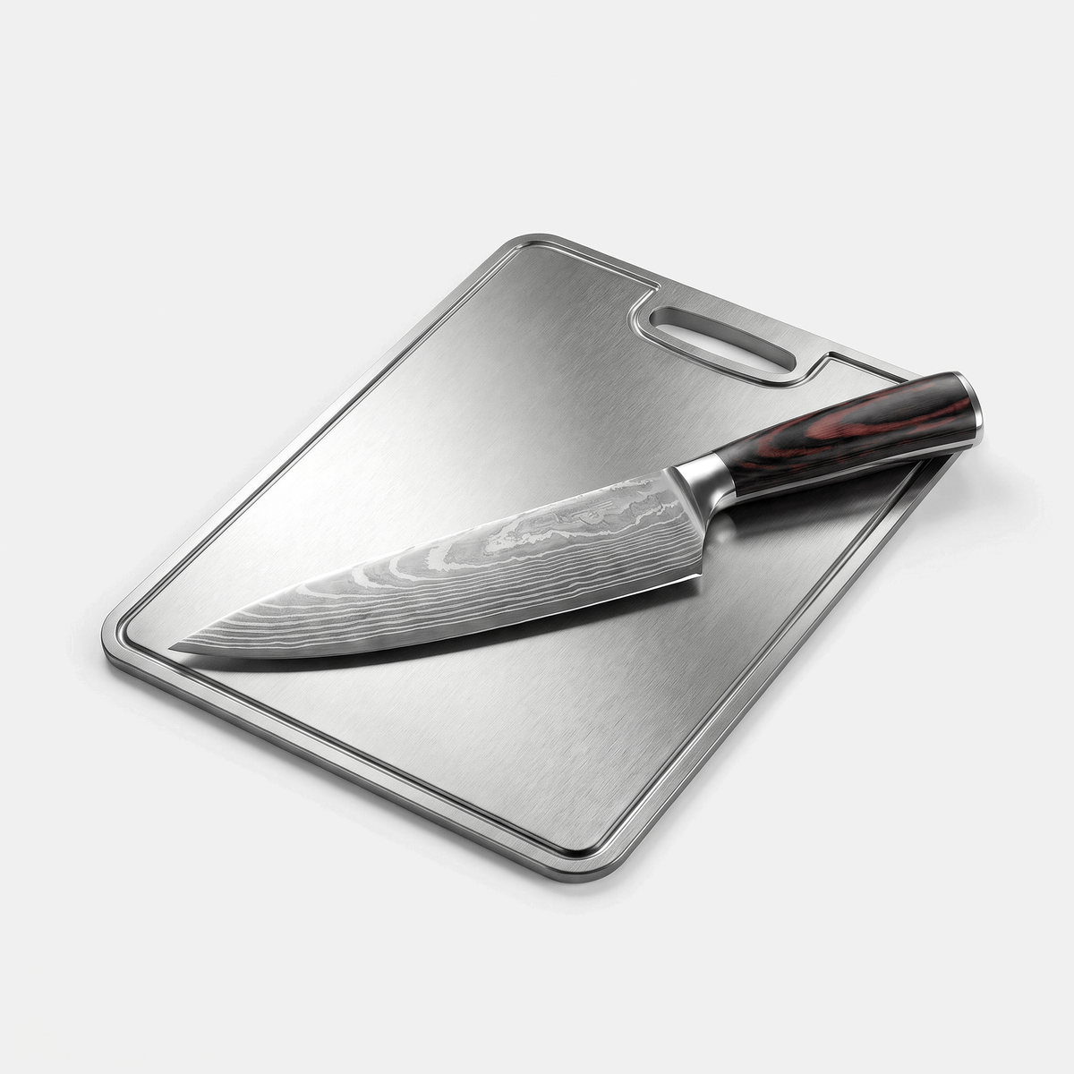 OMEGA Ripple Series Damascus Chef's Knife & Board Set - Damascus chef's knife on titanium cutting board