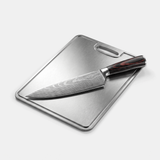 OMEGA Ripple Series Damascus Chef's Knife & Board Set - Damascus chef's knife on titanium cutting board