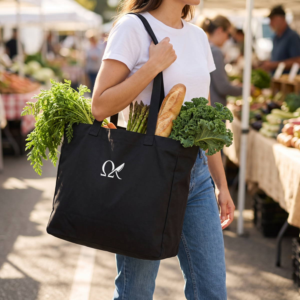 OMEGA Market Bag filled with fresh produce at the farmers market