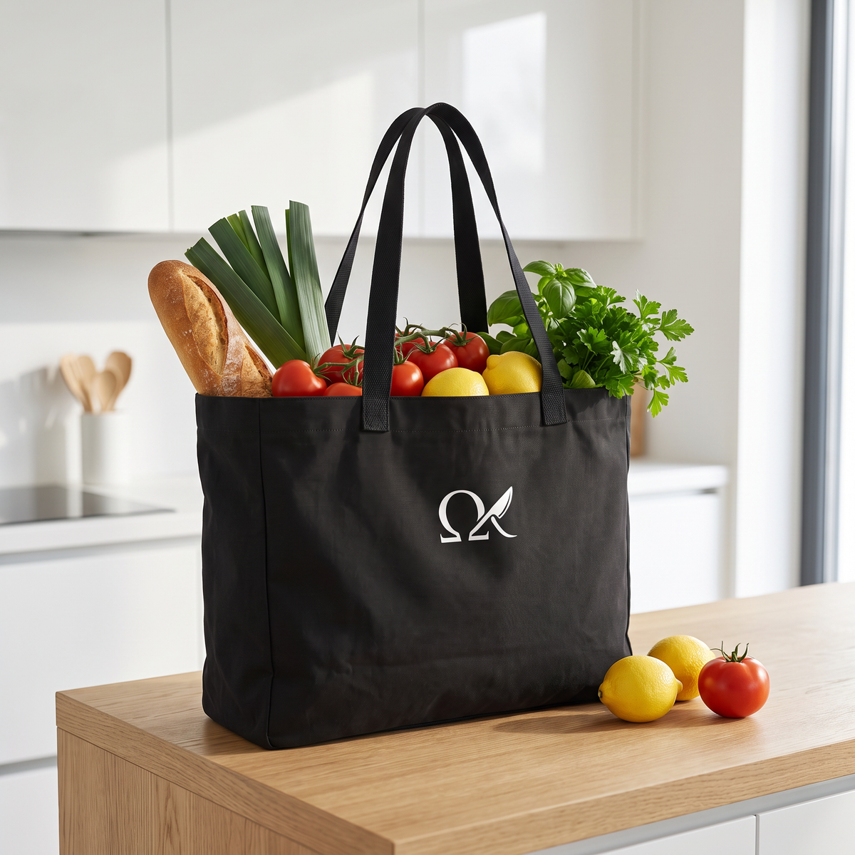 OMEGA Market Bag with groceries on a kitchen counter