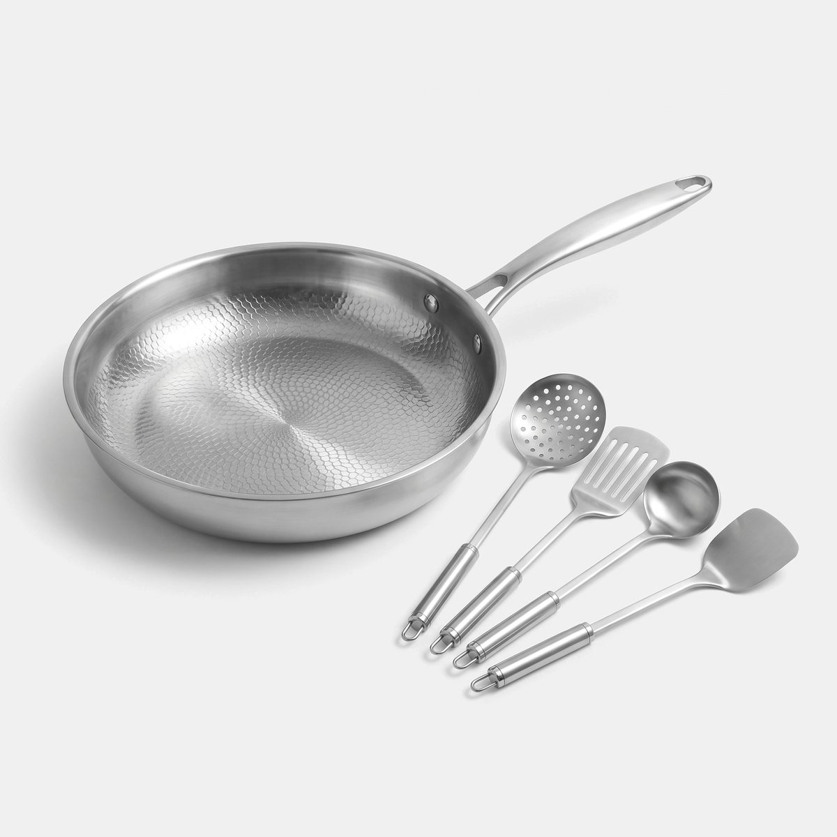 Titanium Pan & Utensil Set - hammered titanium pan with 4 titanium utensils