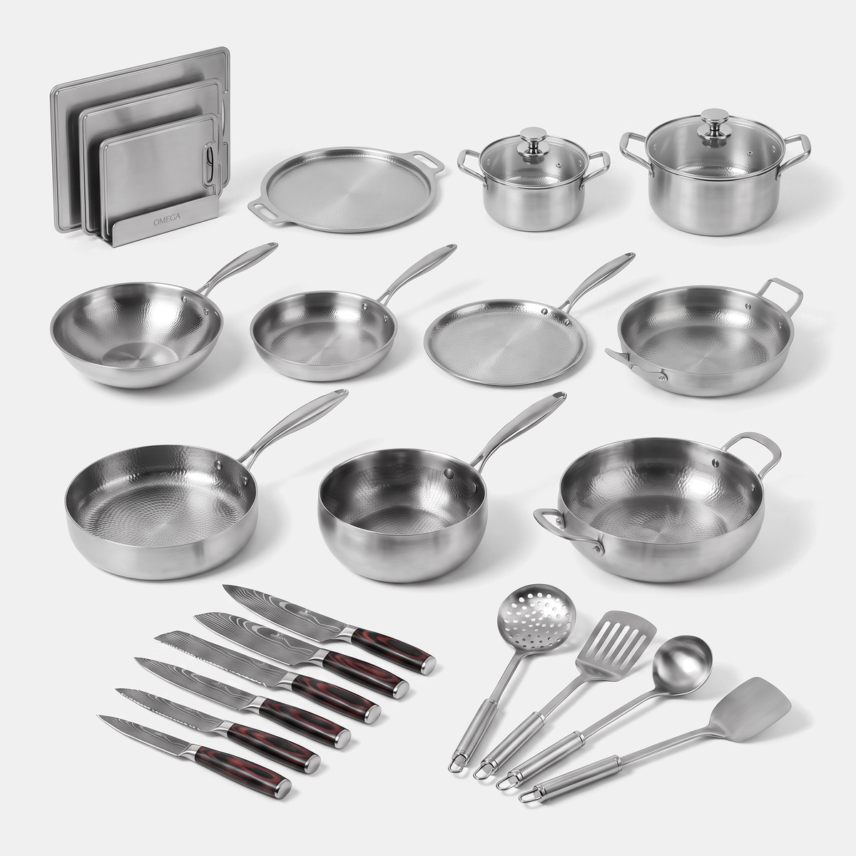 Titanium Ultimate Kitchen - complete OMEGA titanium cookware, pots, pizza steel, boards, utensils and Damascus knives
