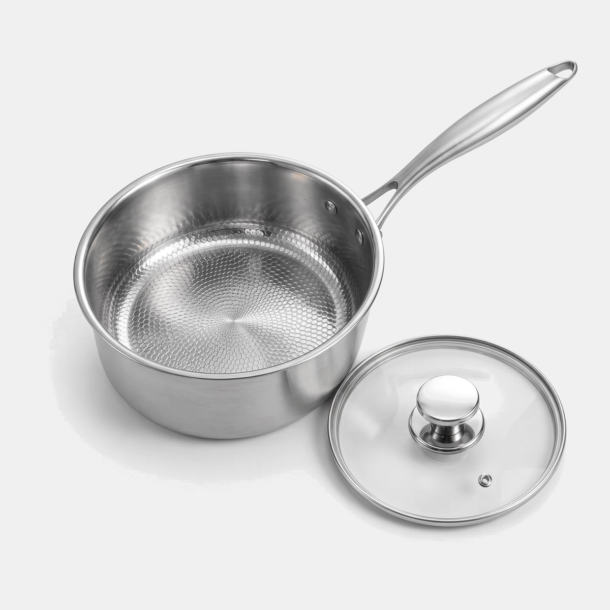 Titanium Saucepan open - hammered titanium base and glass lid