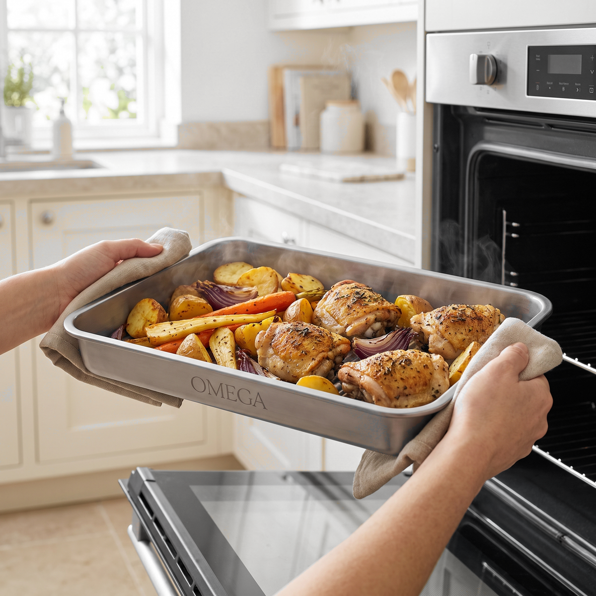 Titanium Baking Tray with roasted chicken and vegetables coming out of the oven