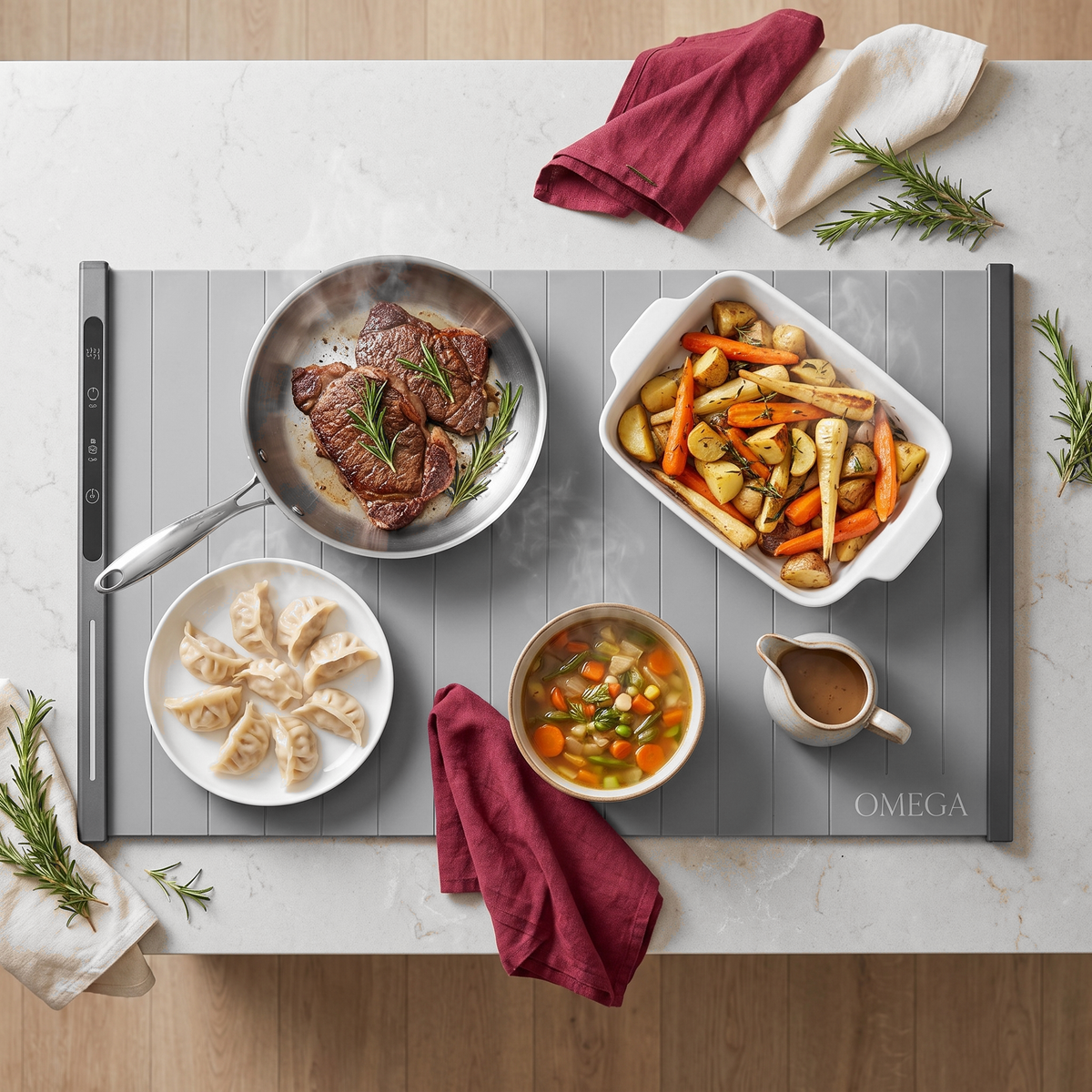 Holiday spread on the OMEGA Food Warming Mat, top view